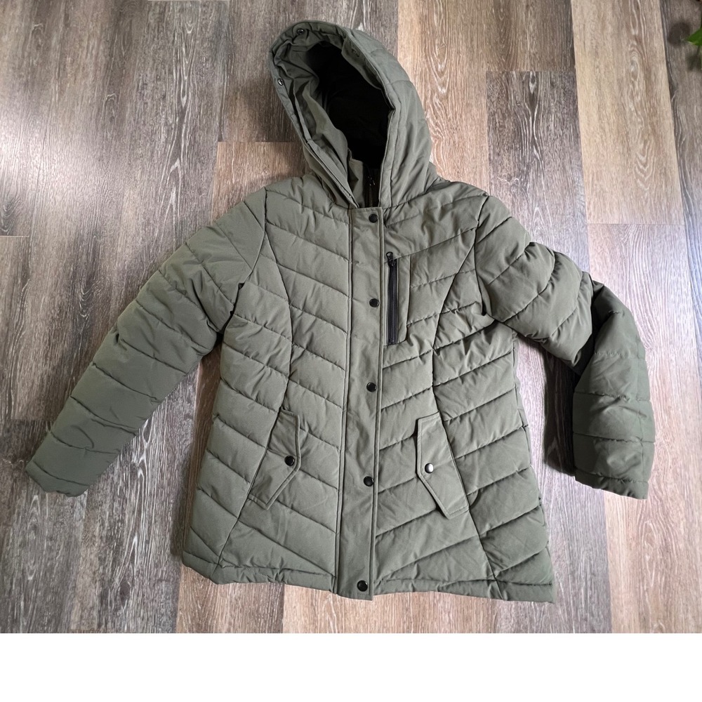 Swiss Tech Puffer Jacket Women Medium Olive Green Hooded Quilted Insulated Coat